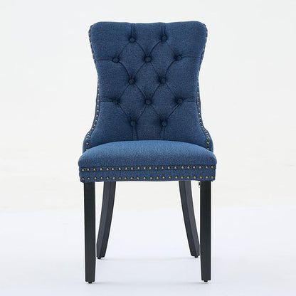 Ball & Cast Contemporary Upholstered Dining Chairs Set of 2, Flax Button Tufted Kitchen Side-Chairs with Hang Ring & Nailhead Trims & Wood Legs, 2-Piece Backrest Traditional Chair, Black+Blue