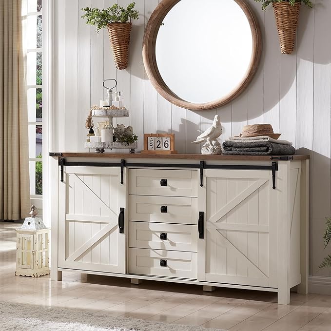 T4TREAM Farmhouse Sideboard Buffet Cabinet with Storage, 60" Large Kitchen Cabinet w/Sliding Barn Doors and 4 Drawers, 31.2'' Tall Wood Coffee Bar Table for Dining Room, Antique White