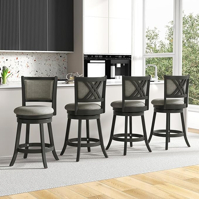 Giantex Swivel Counter Height Bar Stools Set of 2, 26.5" Upholstered Vintage Barstools w/Back, Linen Seat, Footrest, Farmhouse Wooden Counter Height Chairs for Kitchen Island Dining Room, Grey