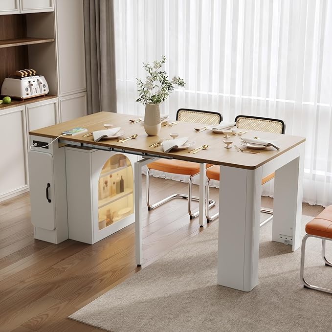 Extendable Dining Table with 3 Removable Middle Leaves, Mobile Rolling Island Table with Power Outlet, Saving-Space Cabinet with Storage for Dining Room and Living Room (Cream White)