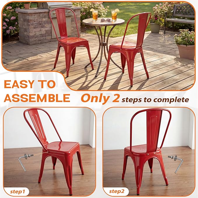 Shahoo Metal Dining Chairs Classic Iron Stackable Industrial Vintage Trattoria with Back, Indoor-Outdoor Side Settee for Home Bistro Cafe Kitchen Restaurant Set of 4, Red