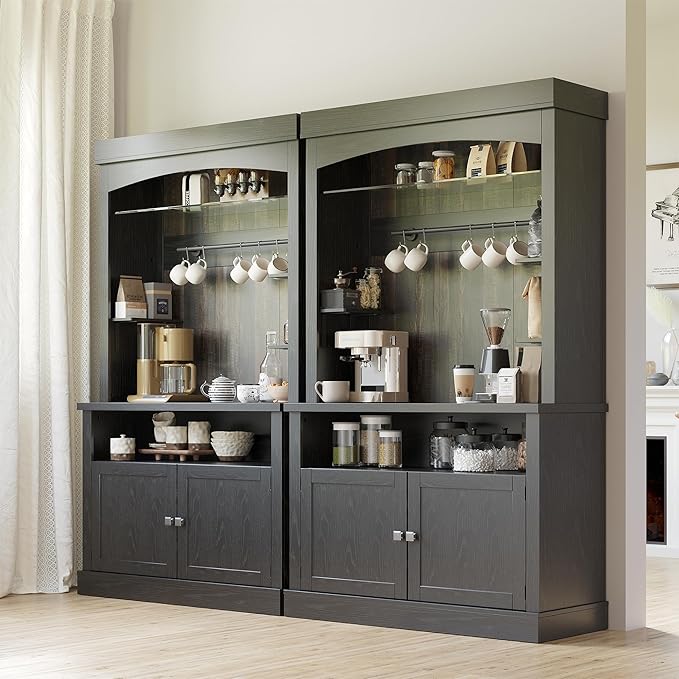 GarveeHome Coffee Bar Cabinet with LED Lights 72 in Tall Buffet Cabinet with Storage Farmhouse Kitchen Sideboard Tall Coffee Hutch with Microwave Stand/Wine Rack/Glass Shelf Dining Room (Black Oak)
