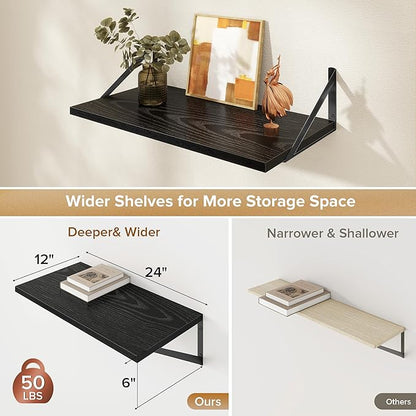 Acovy Deep Floating Shelves Wall Mounted, 24"x12" Black Wall Shelves with Brackets Set of 2 for Bedroom, Living Room, Bathroom, Kitchen, Office - Storage & Display Shelf for Decor, Books, Plants