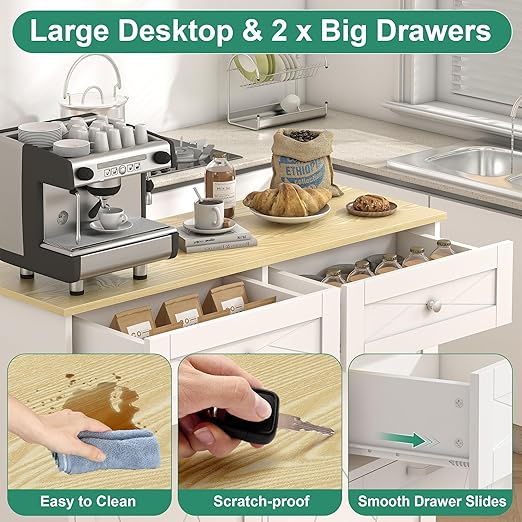 kepptory Tilt Out Trash Can Cabinet 12 Gallon, Pull Out Trash Can Storage Cabinet with 2 Drawers & Countertop, White Kitchen Cabinet with Adjustable Shelf, for Kitchen Pantry, Modern Farmhouse