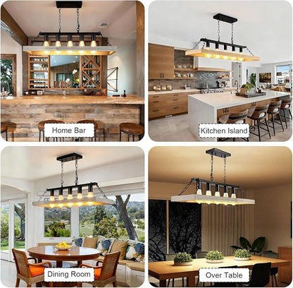 Rustic Farmhouse Chandelier for Dining Room, 31.5" Linear 5-Light Black Metal with Retro Wood Finish, Industrial Hanging Pendant Light Fixture for Kitchen Island Over Table (E26)