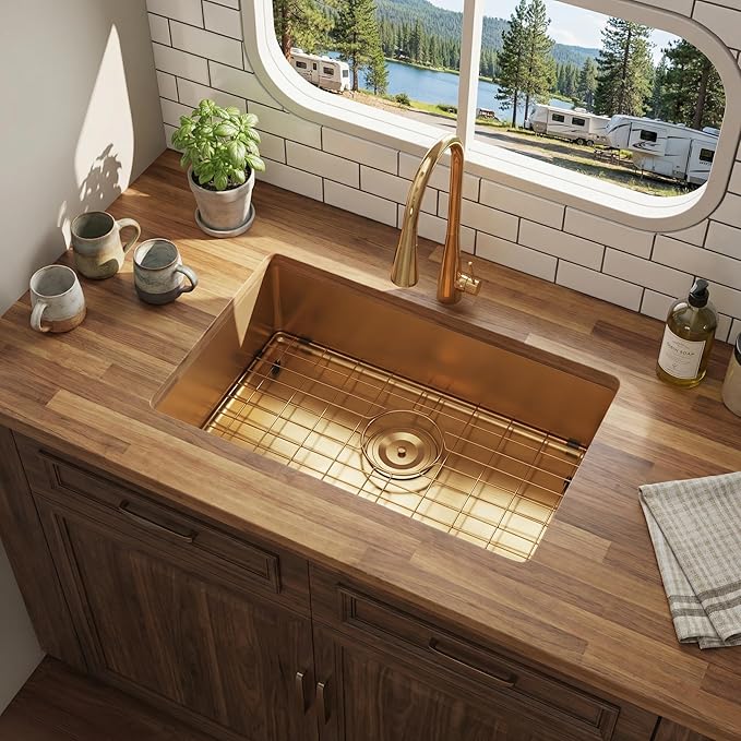Kitsitchen Gold Ktichen Sink,Gold Undermount RV Kitchen Sink with Strainer & Bottom Gird, 27" x 16" x 7" Stainless Steel Single Bowl Kitchen Sinks Used at RV, Outdoor,Bathroom