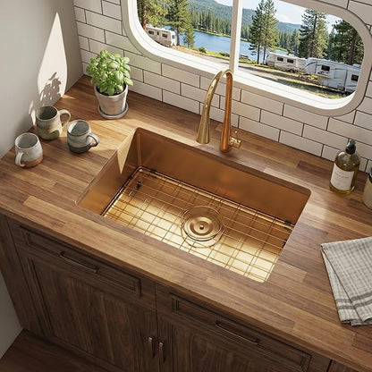 Kitsitchen Gold Ktichen Sink,Gold Undermount RV Kitchen Sink with Strainer & Bottom Gird, 27" x 16" x 7" Stainless Steel Single Bowl Kitchen Sinks Used at RV, Outdoor,Bathroom