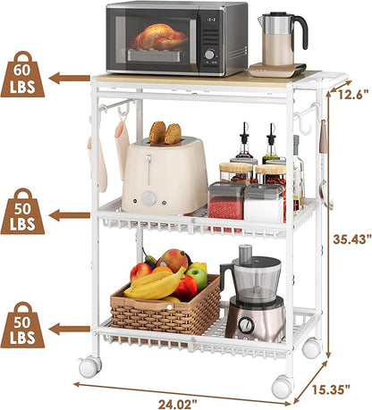 Microwave Kitchen Cart with 2 Lockable Wheels, White Kitchen Storage Cart with Push Handle, 3 Tier Rolling Cart with 210Lbs Capacity for Kitchen Island, Restaurant, Coffee Bar, Living Room, Office