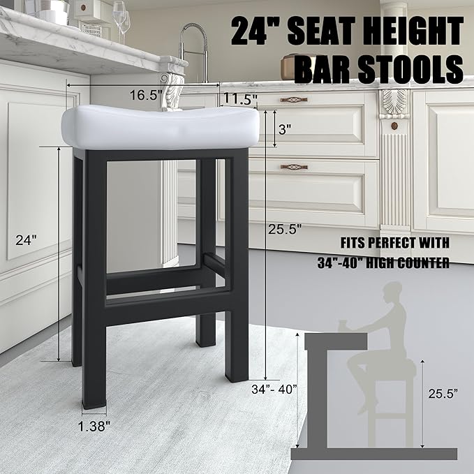 Bar Stools Set of 2, 24 Inch Counter Height Bar Stools for Kitchen Island, Faux Leather Upholstered Thick Saddle Seats & Heavy Duty Metal Base, Easy Assembly, White
