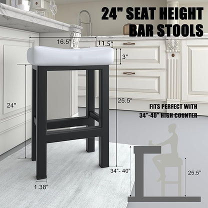Bar Stools Set of 2, 24 Inch Counter Height Bar Stools for Kitchen Island, Faux Leather Upholstered Thick Saddle Seats & Heavy Duty Metal Base, Easy Assembly, White
