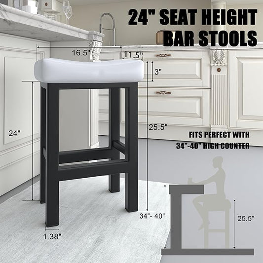 Bar Stools Set of 2, 24 Inch Counter Height Bar Stools for Kitchen Island, Faux Leather Upholstered Thick Saddle Seats & Heavy Duty Metal Base, Easy Assembly, White