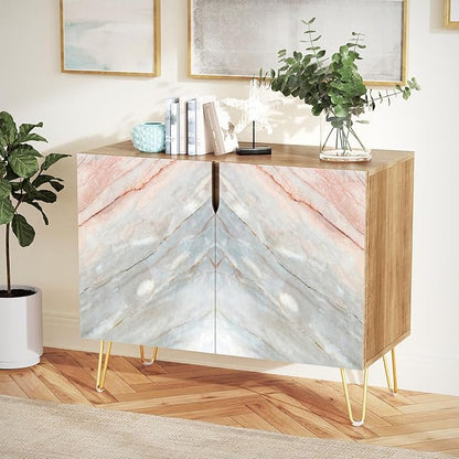 SIGNWIN Sideboard Buffet Cabinet, Kitchen Storage Cabinet with 2 Doors, Red & Gray Granite Marble Pattern, Cupboard Console Table for Dining Room - 35" L x 18" W x 29" H