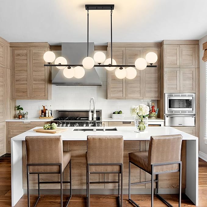Linear Chandeliers for Dining Room,11 Light Globe Sputnik Chandelier with Milk White Glass 51inch Black Dining Room Light Fixture, Large Modern Chandelier for Kitchen Island