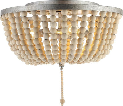 JONATHAN Y 15" Antique Silver/Cream Allison 3-Light LED Flush Mount Ceiling Light for Bedroom, Wood Beaded Shade Shabby Chic Farmhouse Rustic Decor, LED Bulbs Included (JYL9019C)