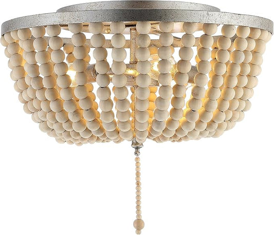 JONATHAN Y 15" Antique Silver/Cream Allison 3-Light LED Flush Mount Ceiling Light for Bedroom, Wood Beaded Shade Shabby Chic Farmhouse Rustic Decor, LED Bulbs Included (JYL9019C)