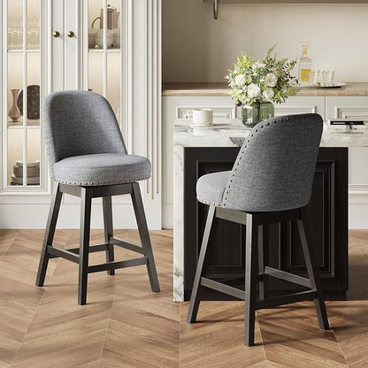 MALOL Swivel Bar Stools Set of 2, Upholstered Fabric Mid Century Mondern Barstools, 26 inch Counter Height Bar Chairs with Solid Back and Wood Legs, for Kitchen Island，Dark Grey