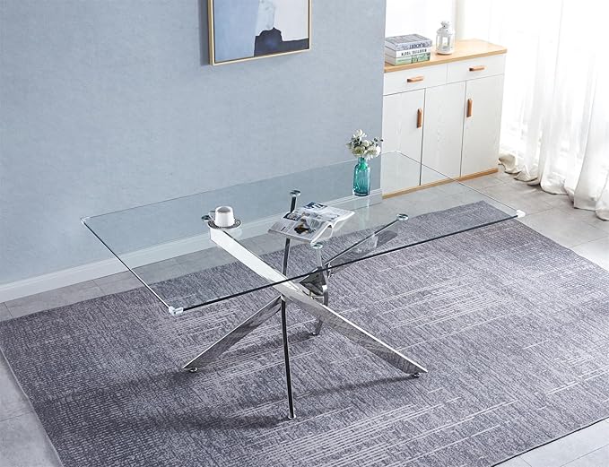 Luxury Silver Glass Dining Table for 4 Modern 51" Rectangular Kitchen & Dining Room Table with X-Shape Stainless Steel Base Large Clear Glass Top Dining Table for Home Office