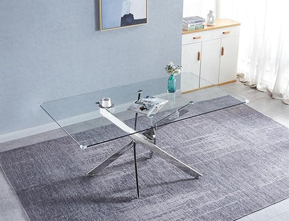 Luxury Silver Glass Dining Table for 4 Modern 51" Rectangular Kitchen & Dining Room Table with X-Shape Stainless Steel Base Large Clear Glass Top Dining Table for Home Office