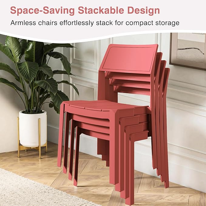 VECELO 4 Pack Plastic Dining Chairs, Stackable Patio Chairs for Indoor Outdoor Use in Kitchen, Poolside, No Assembly Required, Red