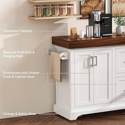 53" Large Kitchen Island with 3.5" Thick Desktop, Spice and Towel Racks, Rolling Kitchen Island with Storage on 5 Wheels, 2 Extra-Large Drawers, for Home, Kitchen, Dining Room, White