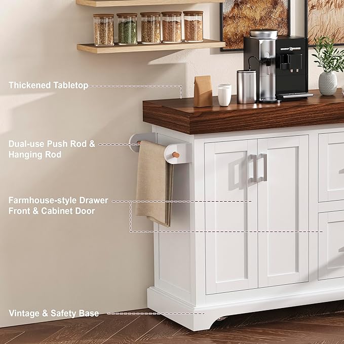 53.25" Large Kitchen Island with Storage on Wheels and 2 Extra-large Drawers, Rolling kitchen Island with Spice Rack and Towel Rack, Mobile Dining Table with 3.5" Thick Desktop and Cabinet White