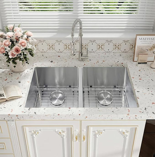 Rhbamoa Double Bowl Kitchen Sink Undermount 31 inch,16-Gauge T304 Undermount Kitchen Sink Stainless Steel,50/50 Stainless Steel Double Sinks with Accessories,Deep Sinks with Brushed Finish