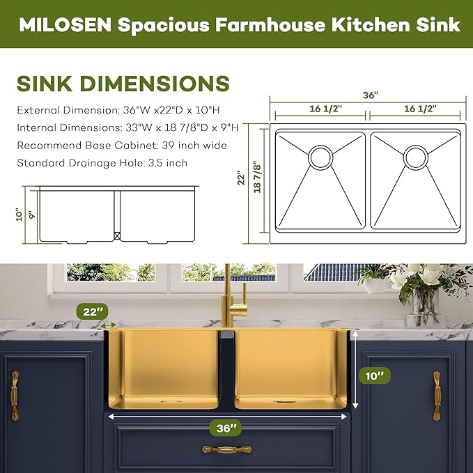 MILOSEN 36 Inch Gold Farmhouse Kitchen Sink, 36''x22'' Undermount/Drop-in Stainless Steel Workstation Apron Front Sink with Accessories, 50/50 Double Bowl Farm Sinks, 10'' Large Handmade Sinks