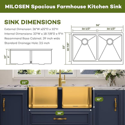 MILOSEN 36 Inch Gold Farmhouse Kitchen Sink, 36''x22'' Undermount/Drop-in Stainless Steel Workstation Apron Front Sink with Accessories, 50/50 Double Bowl Farm Sinks, 10'' Large Handmade Sinks