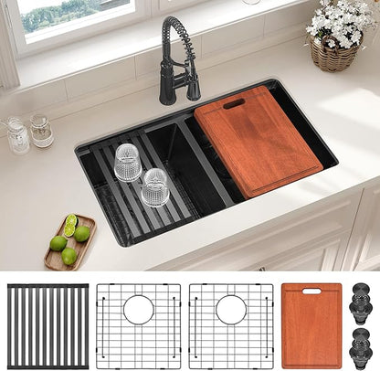 LQS Black Stainless Steel Kitchen Sink, 30 Inch Undermount Kitchen Sink, 50/50 Black Undermount Kitchen Sink with 10” Depth, X-Shaped Drain Line, Dual Mount Design and Round Corner