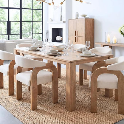 Farmhouse Dining Chairs Set of 2 - Upholstered Armchairs with Linen Cushions & Curved Wooden Arms, Barrel Wood Kitchen Chairs for Dining Room/Cafe/Kitchen Island (Oatmeal Beige)