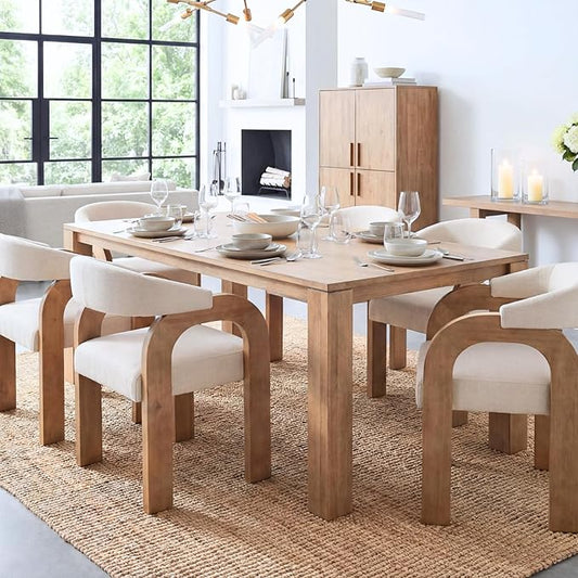 Farmhouse Dining Chairs Set of 6 - Upholstered Armchairs with Linen Cushions & Curved Wooden Arms, Barrel Wood Kitchen Chairs for Dining Room/Cafe/Kitchen Island (Oatmeal Beige)