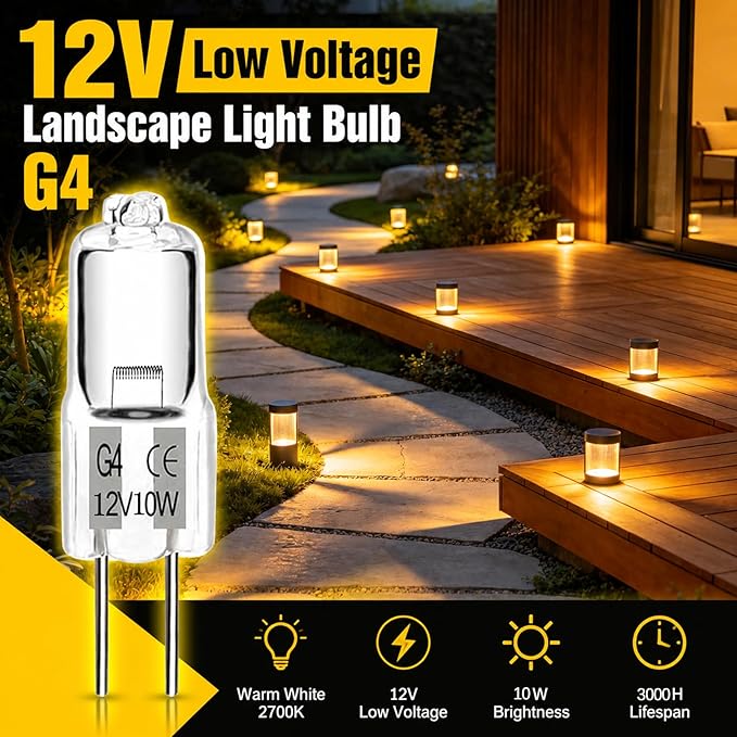 SCNNC JC Type G4 Halogen Bulb 12V 10W Low Voltage Landscape Light Bulb, T3 Bi-Pin Light Bulbs for Path Lights Replacement, RV Camper Van, Under Cabinet Puck Lights, Chandeliers, Warm White, 12 Pack