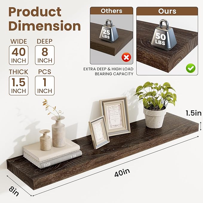 Acovy Extra Deep 40" Long Rustic Solid Wood Floating Shelves for Wall, Wall Shelves with Invisible Bracket for Living Room Bathroom Bedroom Kitchen, Set of 1, Walnut
