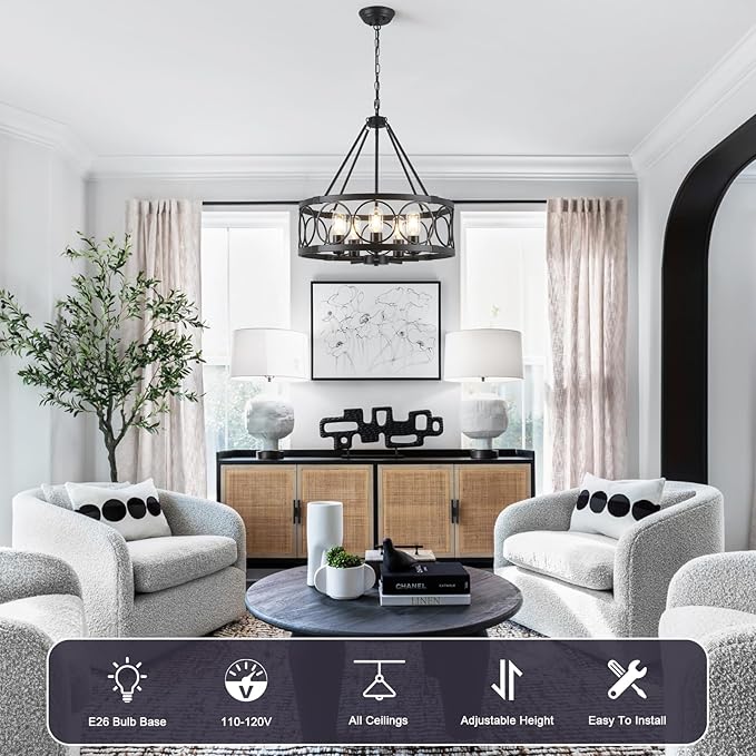 5-Light Farmhouse Chandelier for Dining Room Light Fixture,Modern Rustic Round Black Chandelier Over Table with Hanging Kitchen Drum Light Fixtures for Living Room Bedroom Entryway Foyer