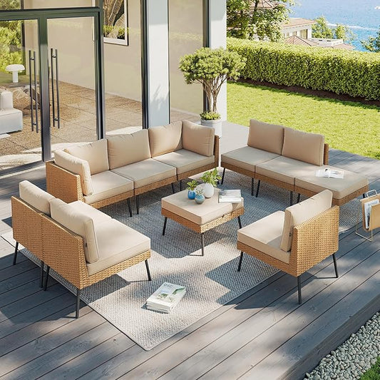 Aoxun 10 Piece Patio Furniture Set, 10 Seats Outdoor Sectional Sofas with Thick Cushion, Wicker Outdoor Patio Furniture Set with Ottomans for Party, Garden, Backyard, Beige