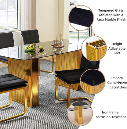 Modern Rectangular Dining Table, Tempered Glass Marble-Top with Gold Dual Pedestal Base, 6-8 Seater, Perforated Metal Frame for Stability, Stylish Kitchen Table for Dining Room and Home Office Use