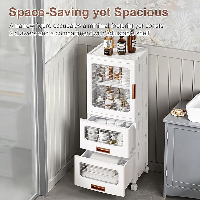 VECELO Narrow Bathroom Storage Cabinet with 2 Drawer, Foldable Storage Organizer with Movable Wheels and Adjustable Shelf for Small Space, Kitchen, Laundry, White