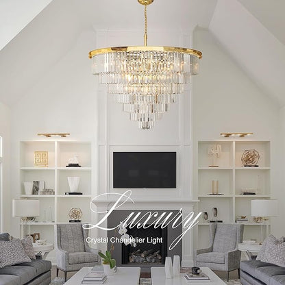 Gold Crystal Chandelier Lighting Modern Contemporary Empress Chandeliers Pendant Ceiling Lamp Light Fixture 7-Tier for Dining Living Room Hotel 24 Lights W39.4