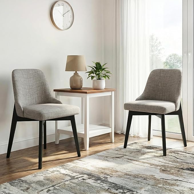Casaphoria Set of 2 Upholstered Dining Chairs, Light Grey Fabric Kitchen Chairs with Black Wood Legs, Modern Accent Chairs for Dining Room, Living Room or Kitchen