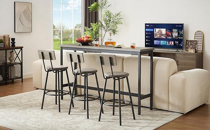 Long Bar Table Set with 3 PU Upholstered Bar Stools, Industrial Bar Table and Chairs for Kitchen Breakfast Table, Living Room, Banquet Hall, Rustic Gray and Black, 63″L x15.7"W x 37.5"H (Grey)