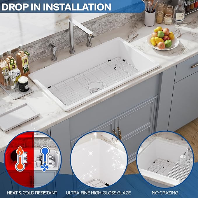 32 White Undermount Kitchen Sink, Hugsleek Topmount & Undermount Kitchen Sink 32x19 inch White Porcelain Ceramic Fireclay Sinks Dual Mount Accessories Single Bowl Under Counter Sinks Basin Drop In