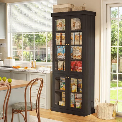 70.8" Farmhouse Kitchen Pantry Cabinet with Glass Doors, Modular Storage Cabinet with 6-Tier Adjustable Shelves, Large Storage Cabinet for Kitchen or Living Room, Set of 2, Black