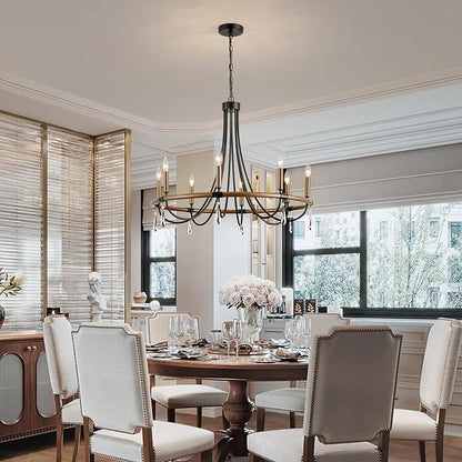 WUZUPS Wagon Wheel Chandelier Rustic Farmhouse Industrial Round Pendant Light Fixture with Smoky Gray Crystal for Dining Room Kitchen Island, H 28.3" x W 30.3", E12 Base, Brown Black