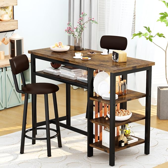Recaceik 47" Bar Dining Table Set for 2, 3 Piece Bar Table and Chairs Set, Kitchen Counter Height Dining Table Set, Small Kitchen Bar Table with Storage & 2 Stools, Breakfast Nook Set for Small Space