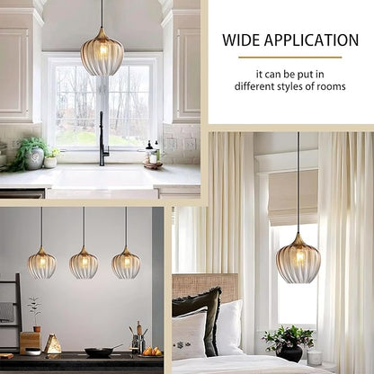 Amber Glass Pendant Lights Kitchen Island, 9" Vintage Hanging Lamp Ceiling Lighting Fixtures, Brushed Gold Modern Chandelier for Dining Room Restaurant Bedroom Foyer Entryway