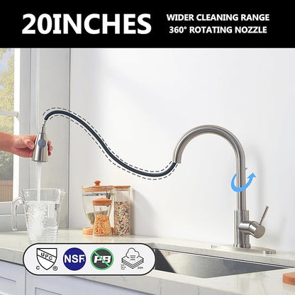 Comllen Kitchen Faucet with Pull Down Sprayers, Brushed Nickel Kitchen Faucets, Modern Pull Out Stainless Steel Kitchen Sink Faucet Single Handle Faucet Swivel Spout with Deck Plate