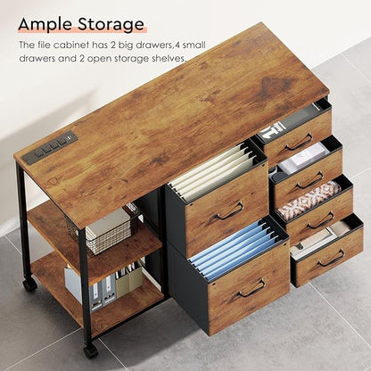 Maihail 6 Drawer File Cabinet with Charging Station Rolling Printer Stand with Open Storage Shelf Fabric Lateral Filing Cabinet for Home Office,Rustic Brown2