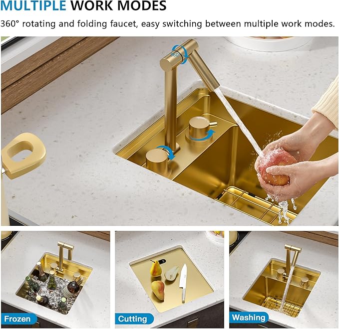 13"x15" Undermount RV Kitchen Sink Workstation – Brushed Gold NANO-PVD, 16 Gauge 304 Stainless Steel, Single Bowl Basin with Foldable Faucet for RV, Camper, Mobile Home, Wet Bar