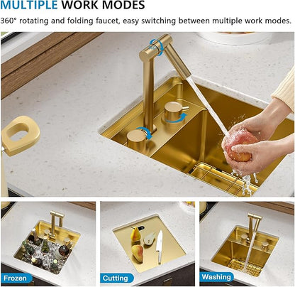 13"x15" Undermount RV Kitchen Sink Workstation – Brushed Gold NANO-PVD, 16 Gauge 304 Stainless Steel, Single Bowl Basin with Foldable Faucet for RV, Camper, Mobile Home, Wet Bar