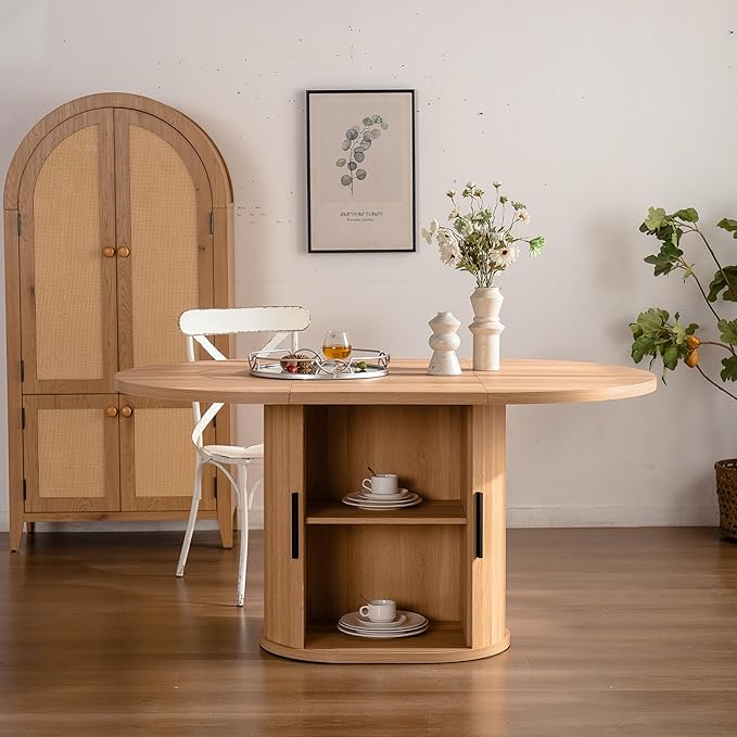 59 inch Oval Dining Table for 4-6 People, Modern Farmhouse Oval Kitchen Table with 2 Tier Storage Shelf, Sliding Cabinet Door, Space Saving Wooden Dinner Table for Kitchen Dining Room Living Room